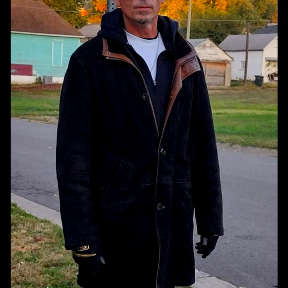 Black Overland Spanish Merlino Sheepskin Suede Coat with Calfskin Liner-Size 44